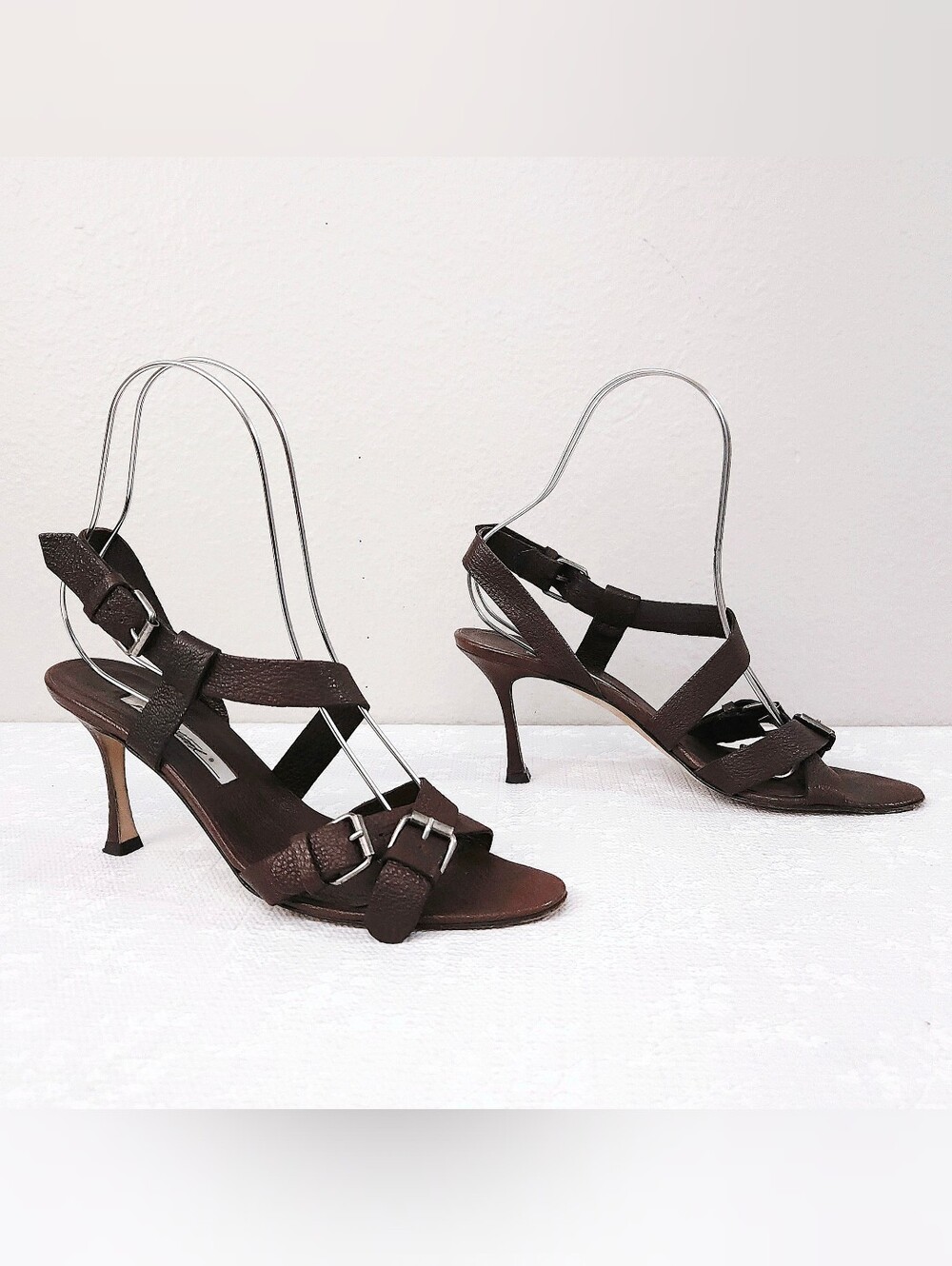 Brian Atwood Strappy Slingback Sandals Brown Leather Stiletto Buckle Pumps